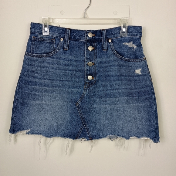 Madewell Womens Denim Miniskirt 30 Blue High Rise Raw Hem Distressed Button Fly - Picture 3 of 14